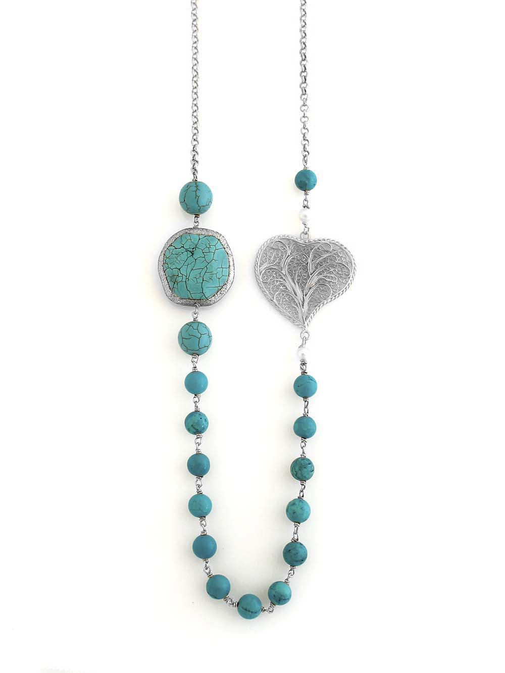 Colar Princesa das Astúrias com pedra Turquesa e coração manual em filigrana (17108533265)