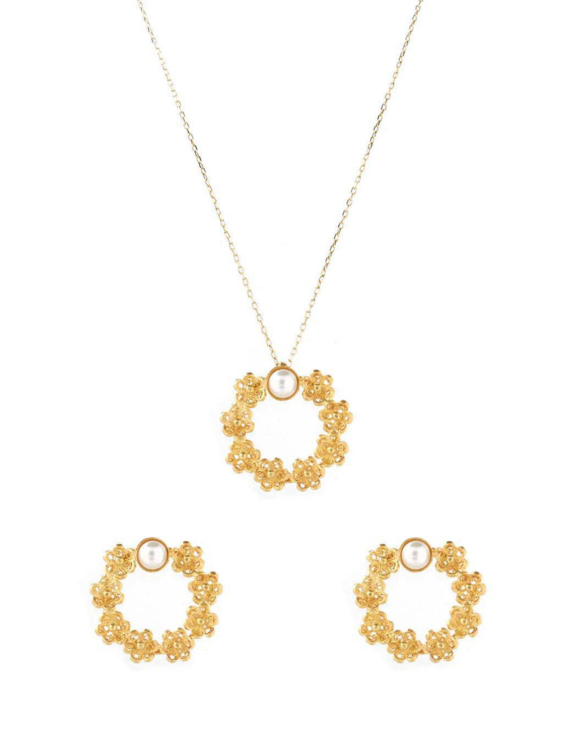 Flowers and Pearl Set - Necklace and Earrings (5943551295638)