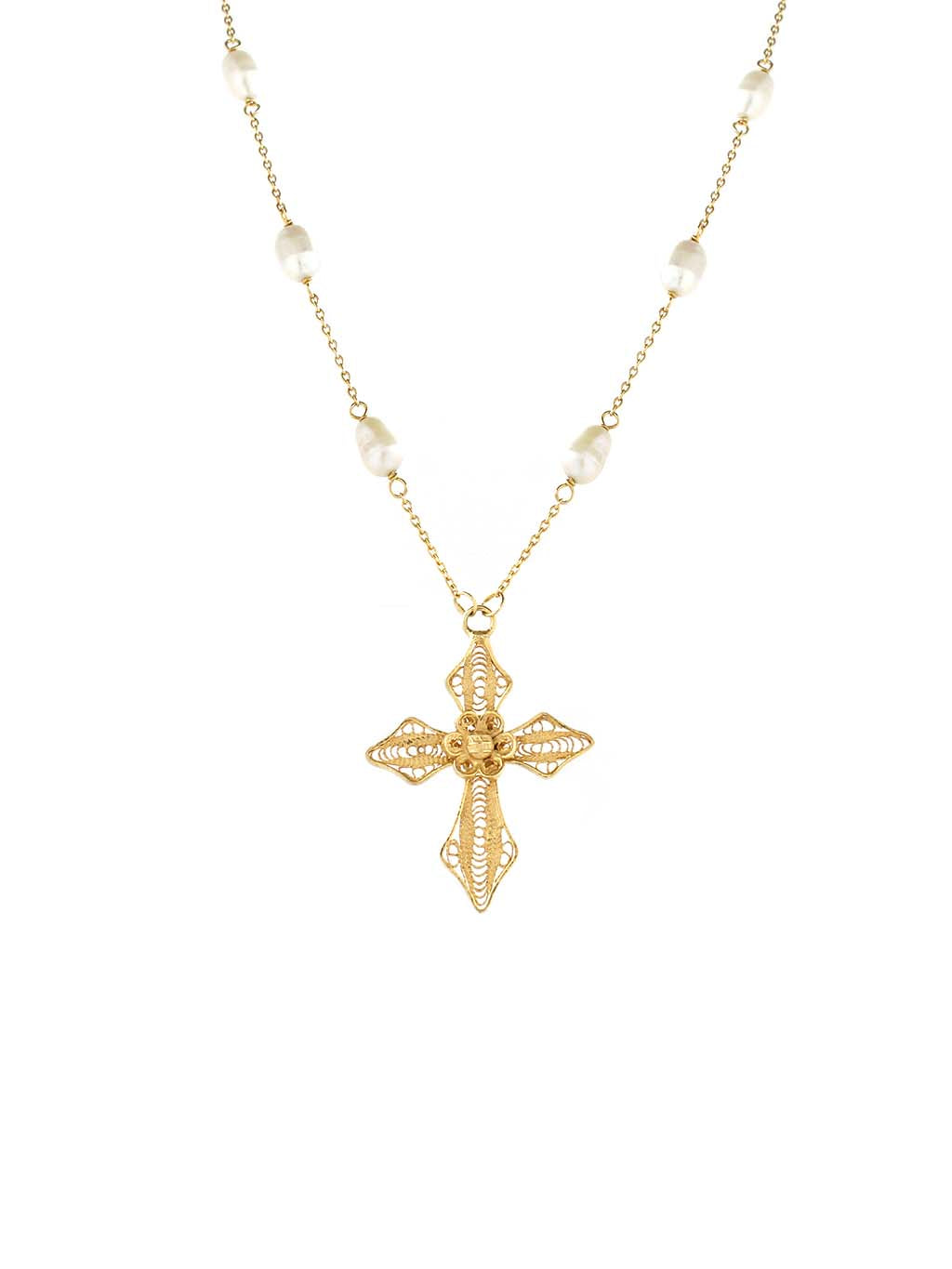 Colar Pérolas e Cruz em Filigrana (5878102196374)
