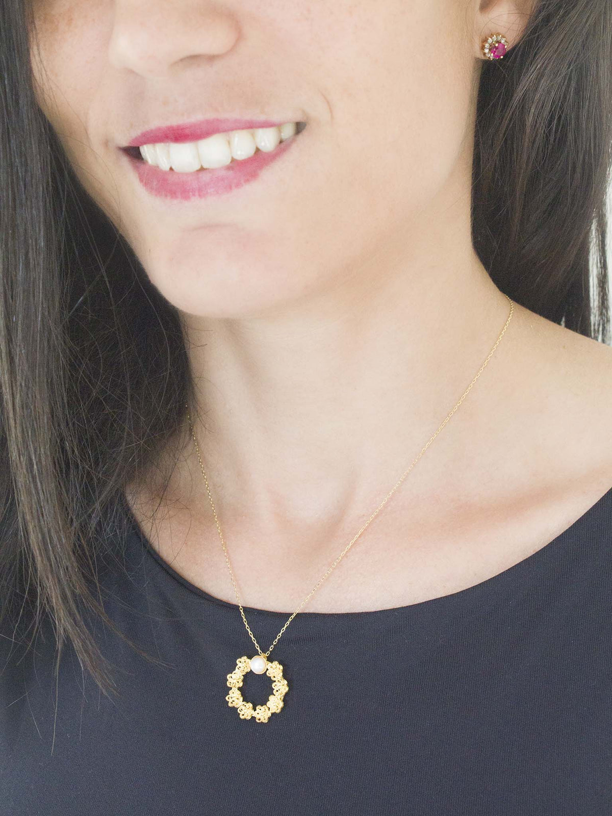 Conjunto Flores e Pérola  - Colar e Brincos (5943551295638)